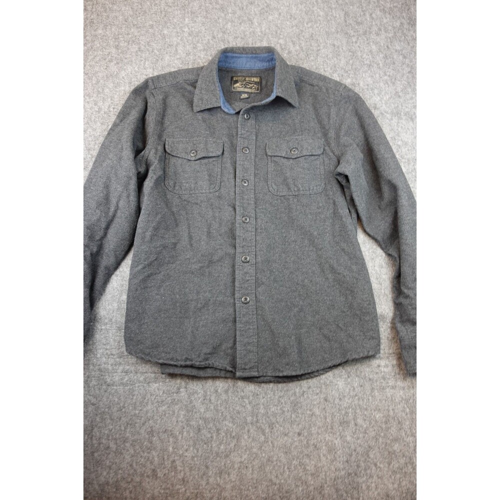 Grizzly Mountain Heavy Gray Flannel Shirt Mens Size Medium Blue Collar Trim EUC